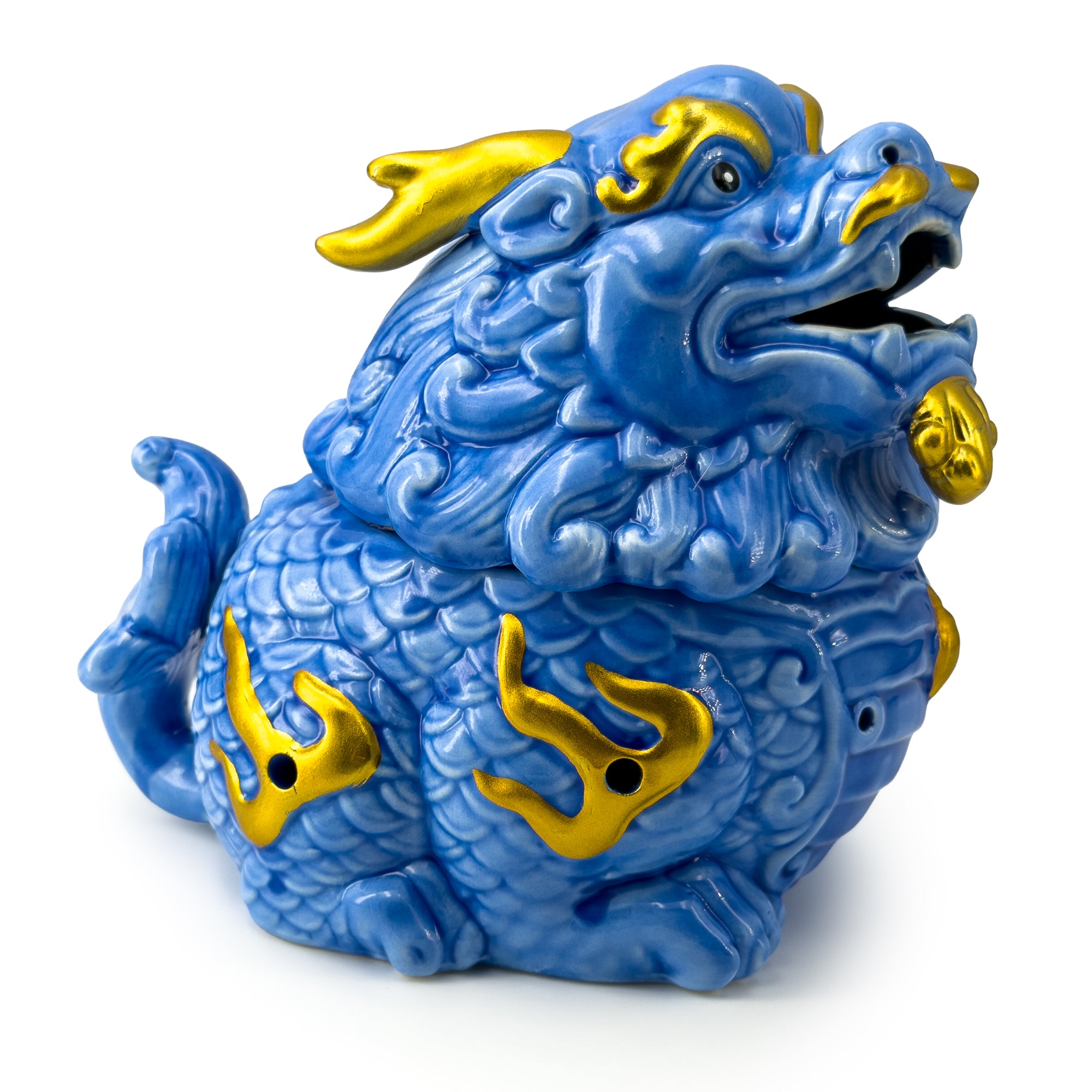 Aurelius Qilin™ Ceramic Incense Burner | Blue & Gold Oriental Guardian Statue